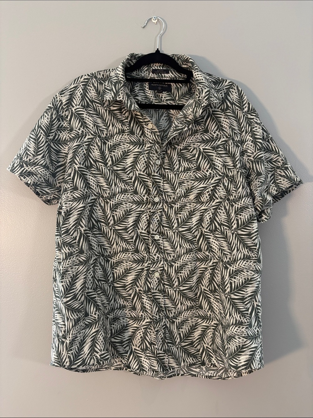 Banana Republic Linen Short-Sleeve Palm Leaf Button-Up Green & White size XL